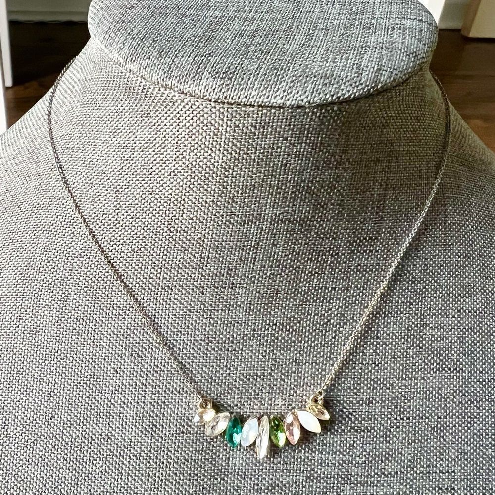 Multicolor faceted jewel pendant necklace on silver tone chain